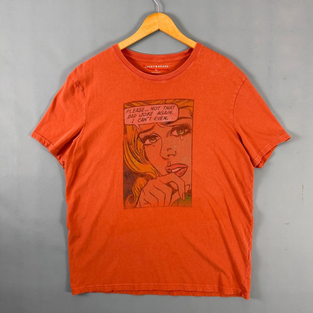 Lucky Brand Men's XL Faded Orange Pop Art Comic Dad Joke Graphic T Shirt